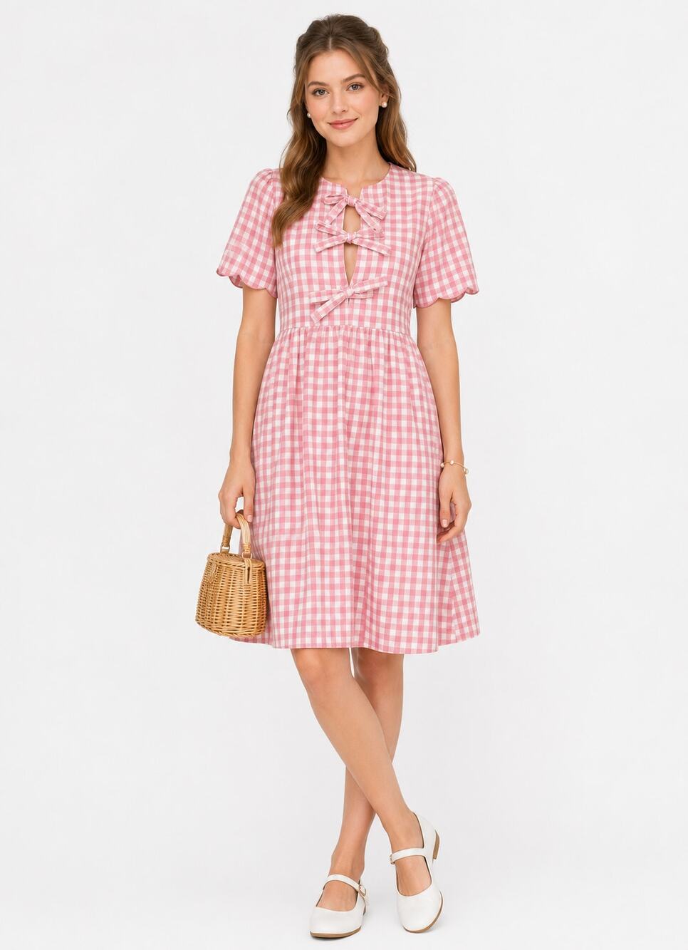 Umgee NWT Pink Gingham Lace Up Bow Front Cotton Cottagecore Dress Small
